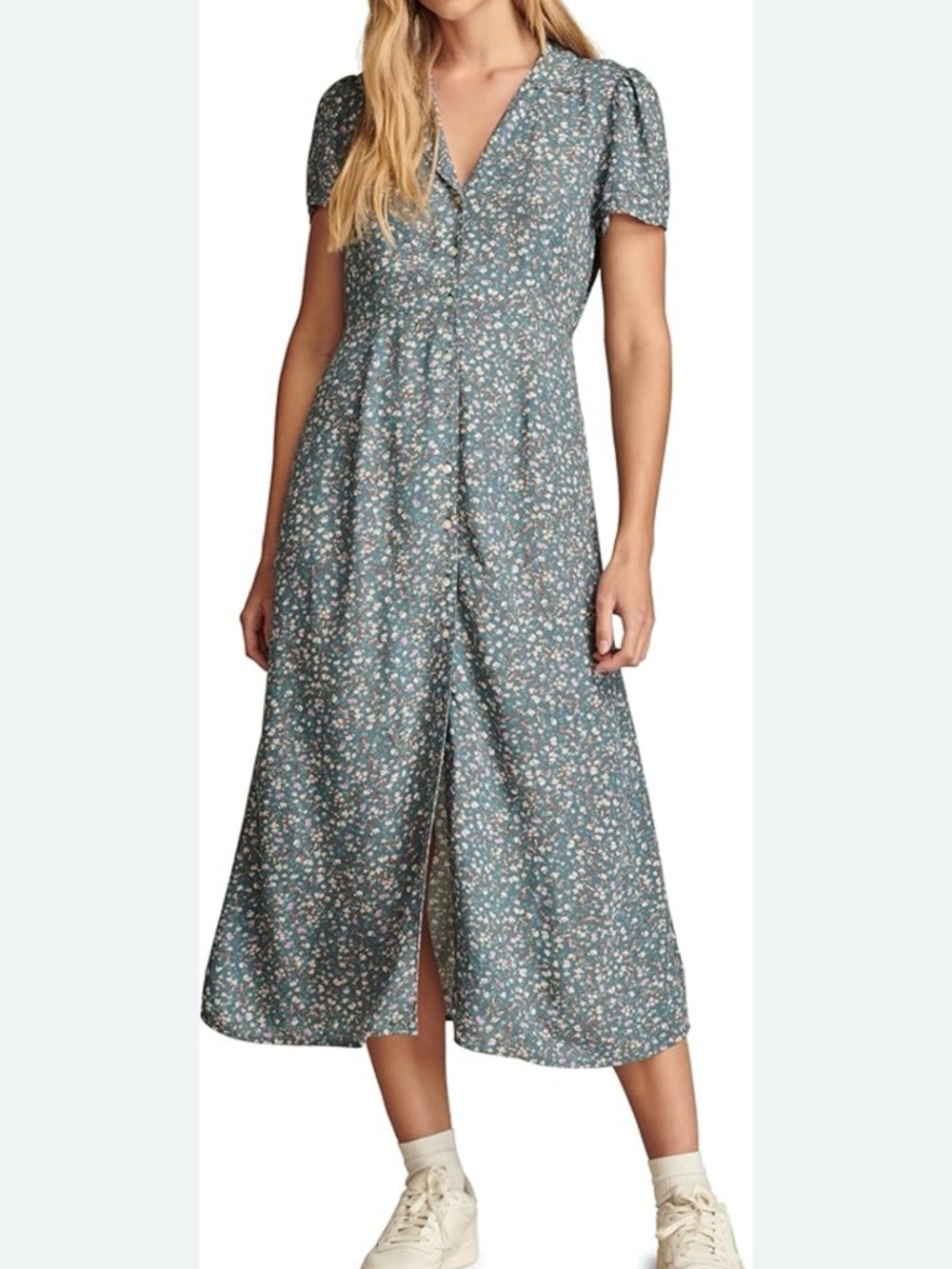 Lucky Brand Teal Floral Midi Dress with Button Front